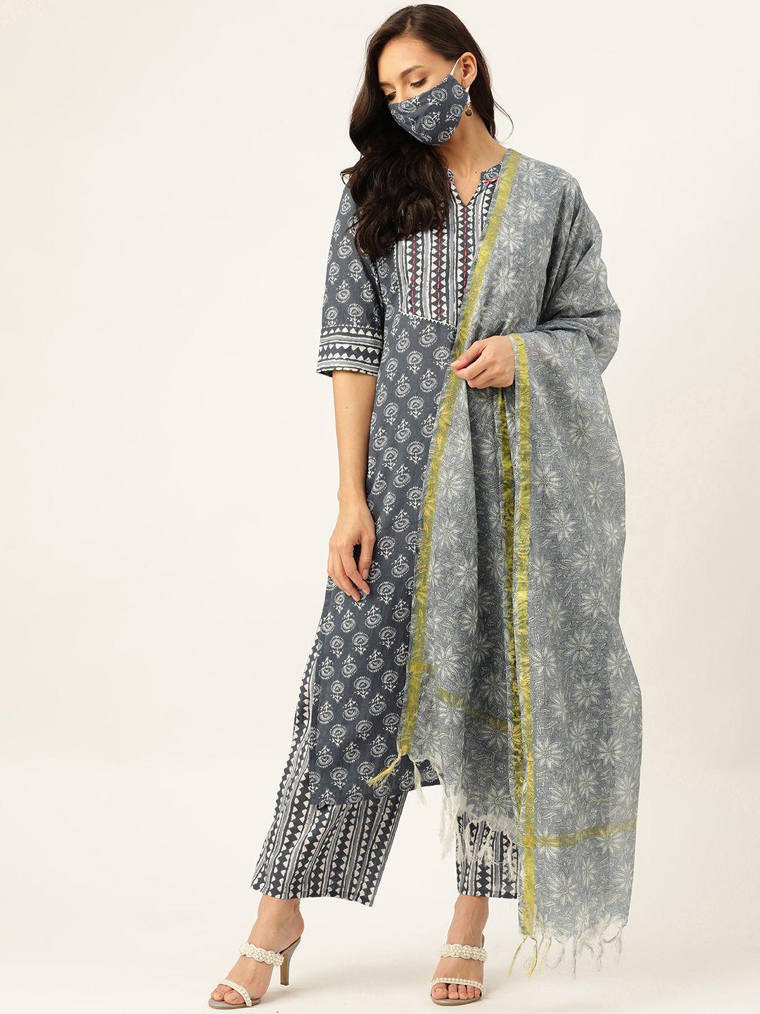 maaesa women blue ethnic motifs printed gotta patti pure cotton kurta with trousers & with dupatta