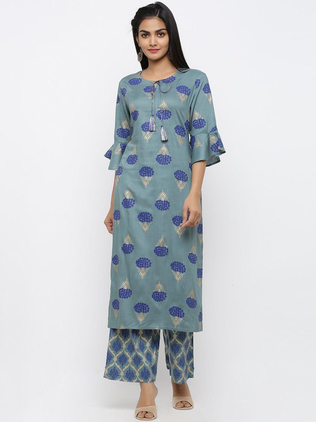 maaesa women blue floral printed regular kurta with palazzos