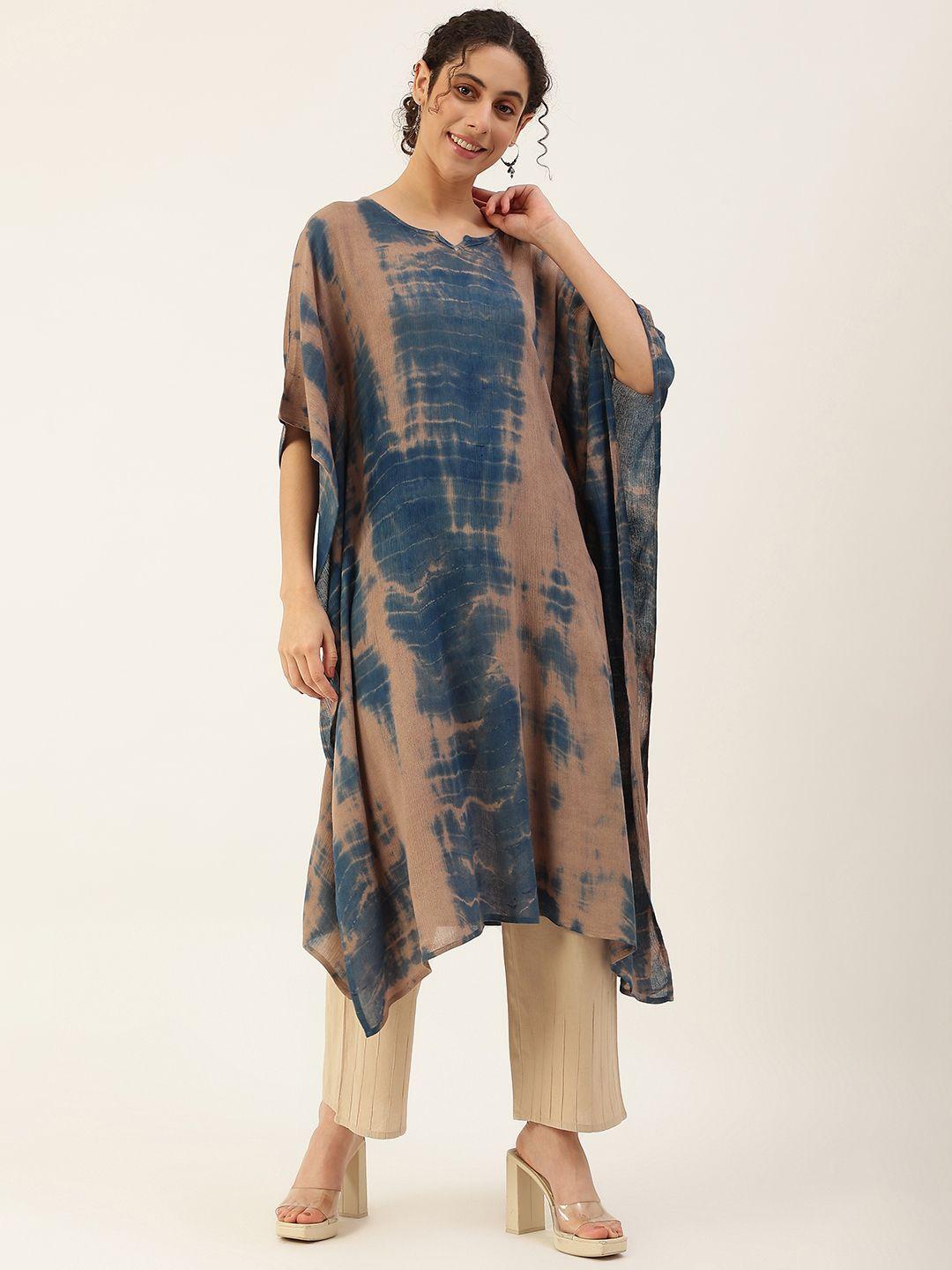 maaesa women brown & navy blue shibori dyed extended sleeves crepe kaftan kurta