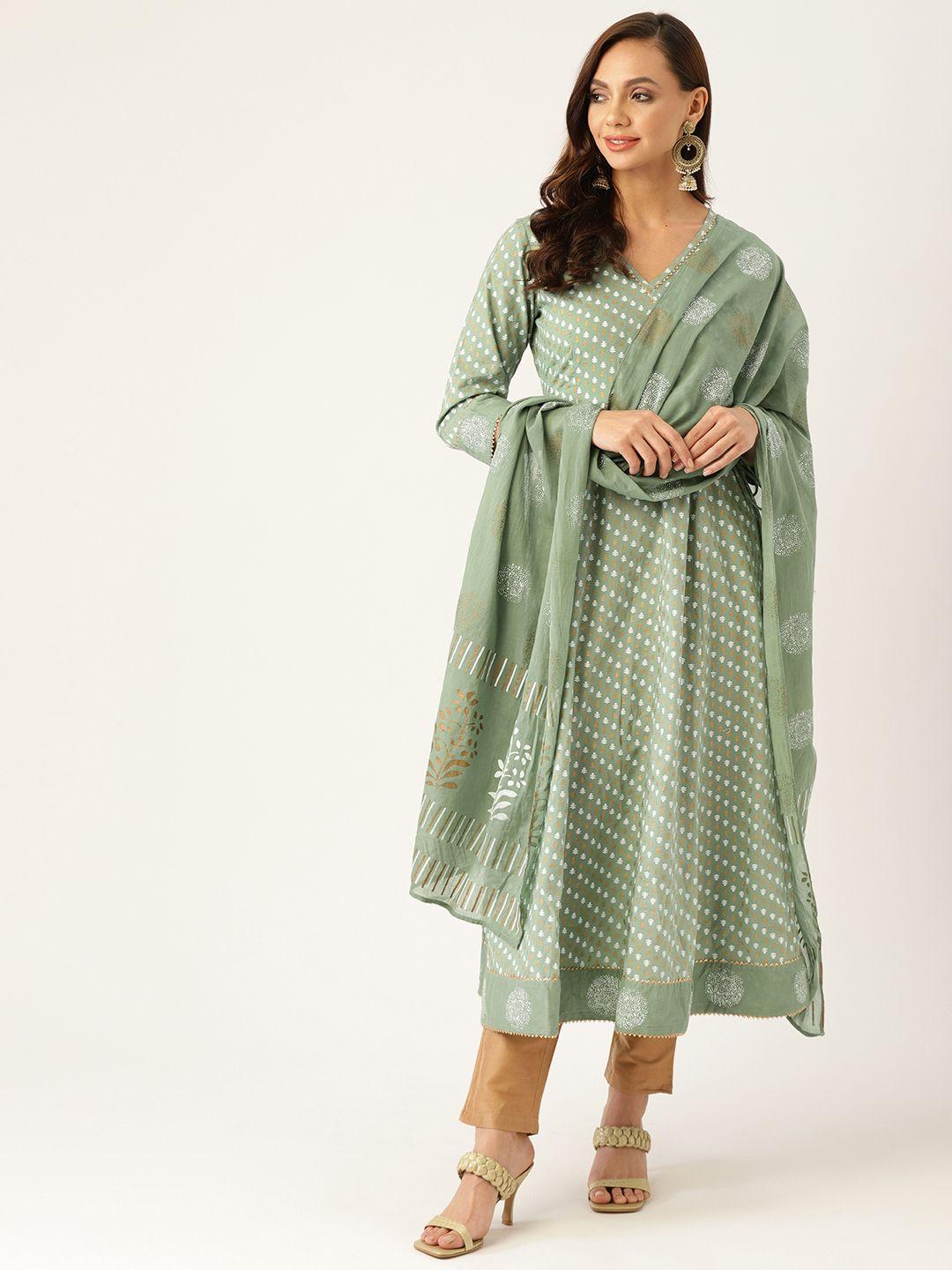 maaesa women green & white ethnic motifs print cotton a-line kurta with dupatta