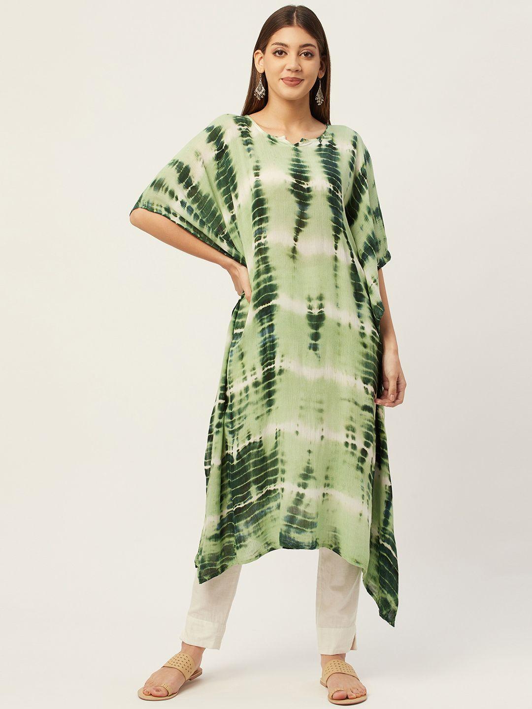 maaesa women green & white shibori dyed extended sleeves kaftan kurta