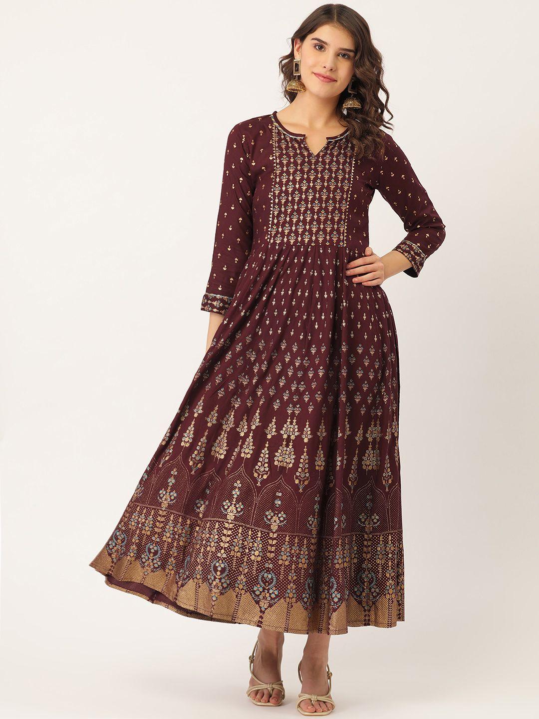 maaesa women maroon & golden gotta patti work printed a-line dress