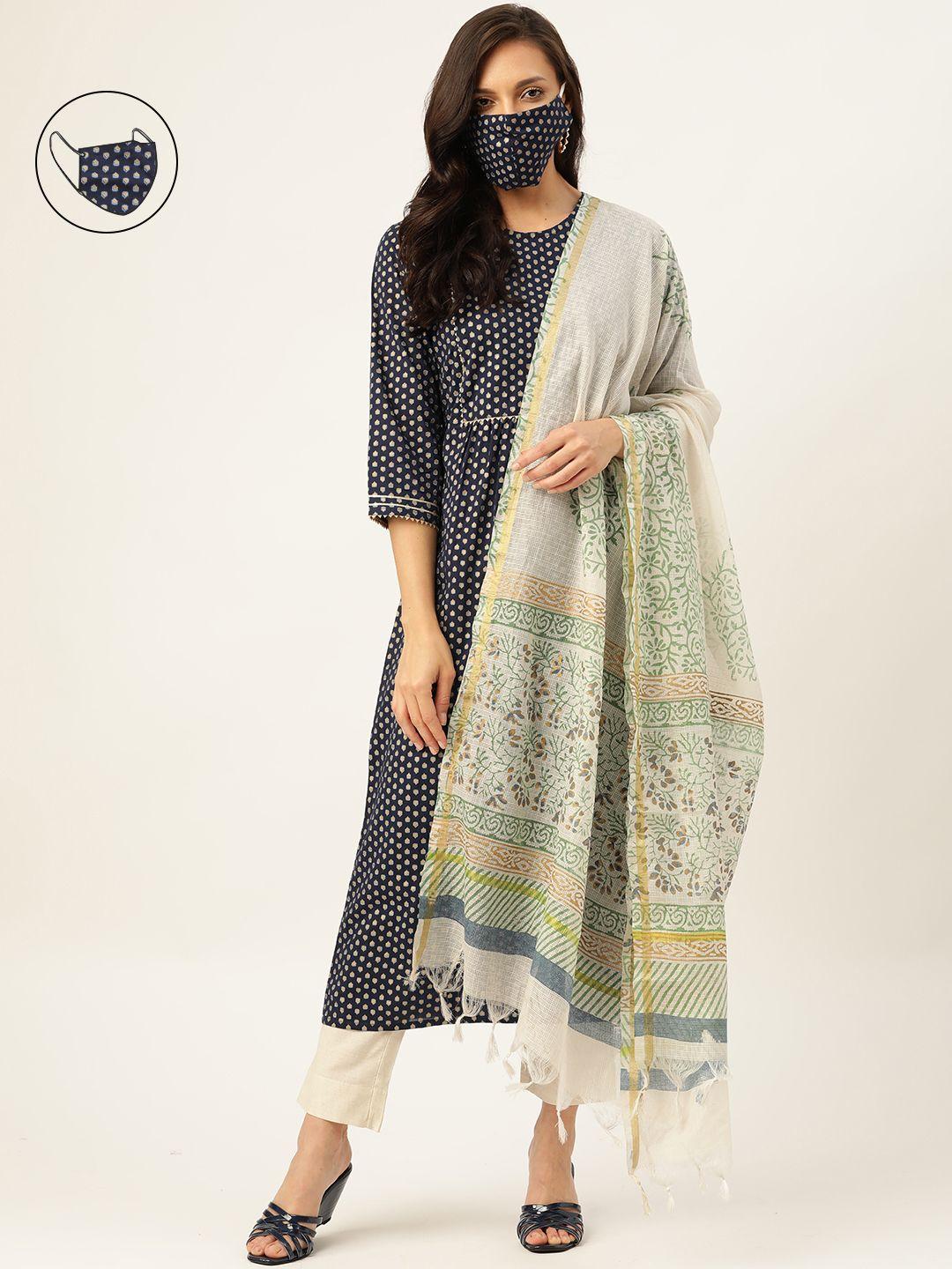 maaesa women navy blue ethnic motifs printed kurta with trousers & with dupatta & mask