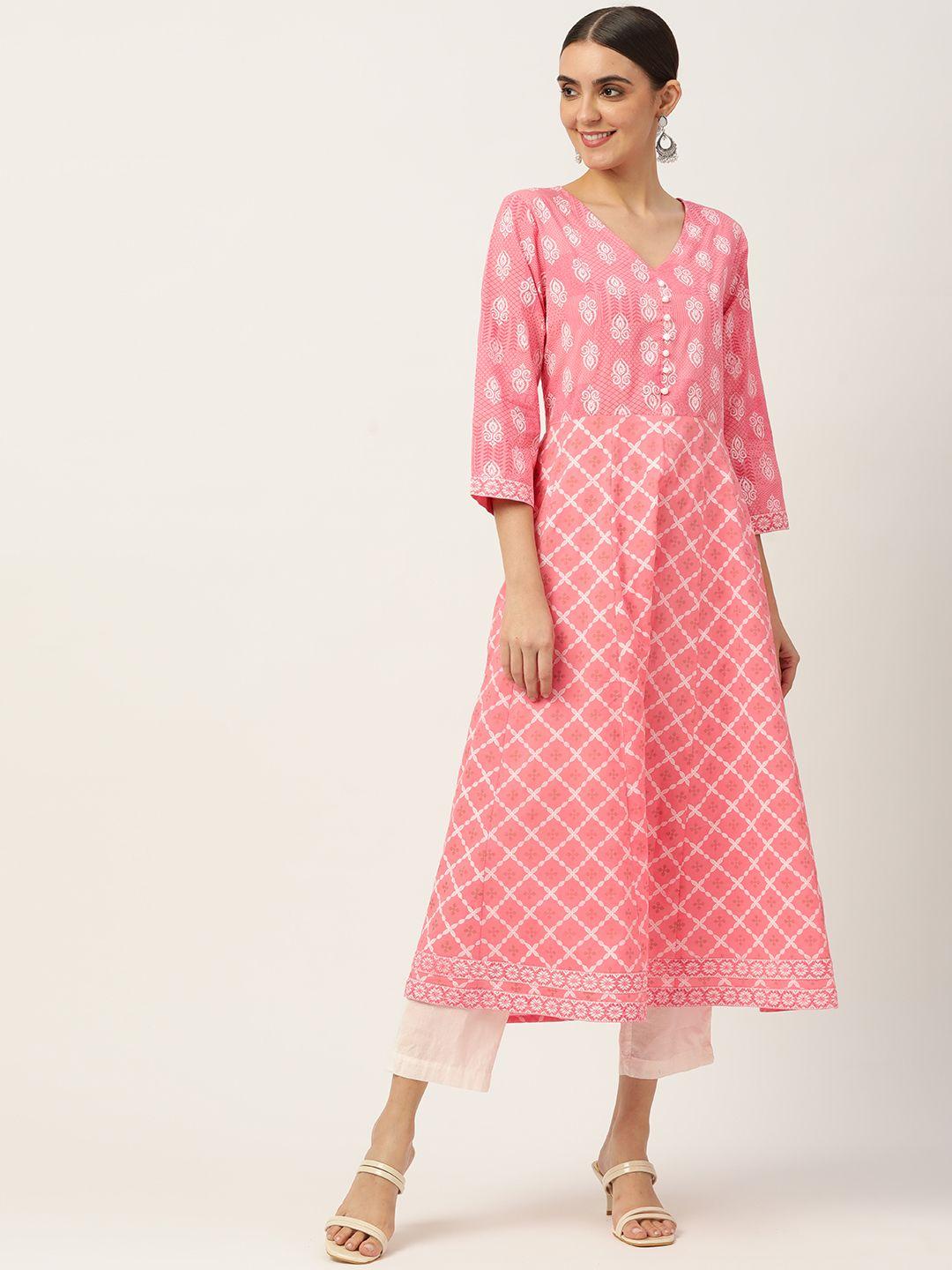 maaesa women pink & white ethnic printed pure cotton kurta