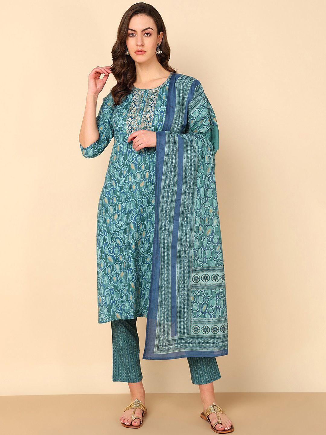 maaesa women teal printed regular aari work kurta with trousers & with dupatta