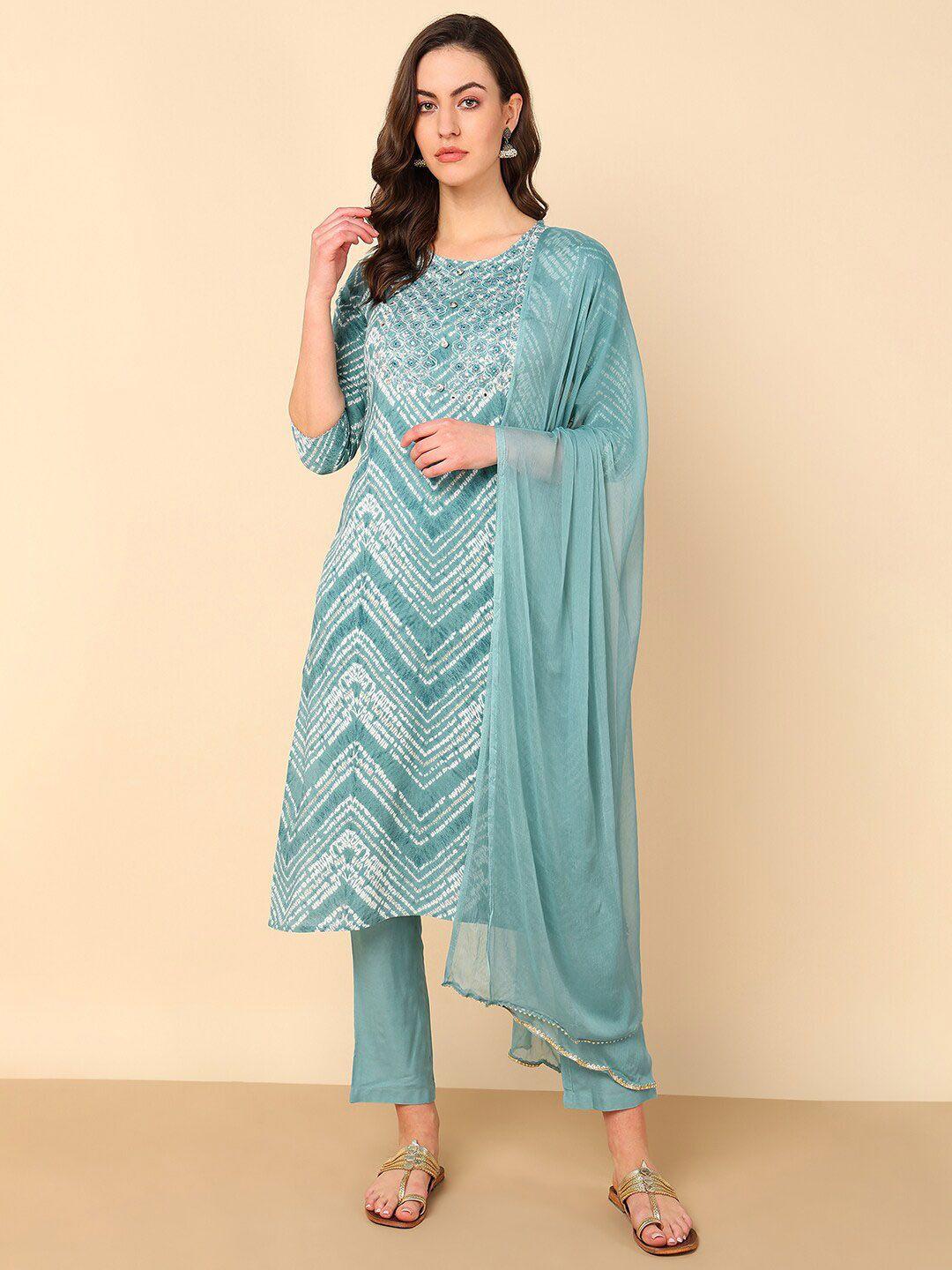 maaesa women turquoise blue bandhani printed regular mirror work kurta with trousers & with dupatta