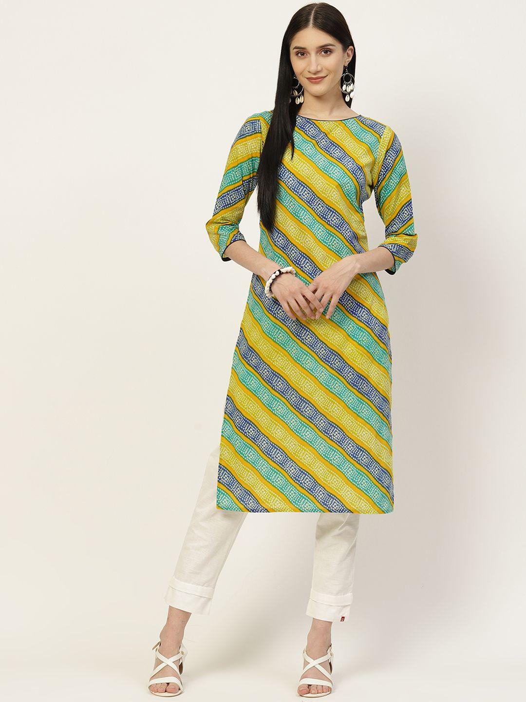 maaesa women yellow & blue bandhani printed cotton kurta