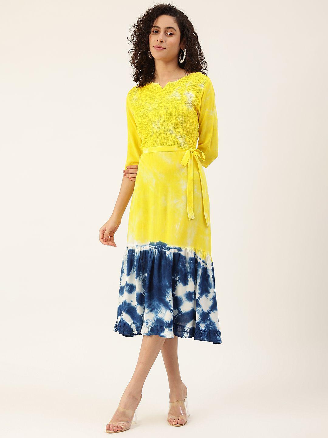 maaesa women yellow & navy blue dyed a-line midi dress