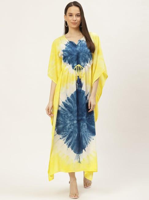 maaesa yellow & blue tie & dye a-line kaftan dress