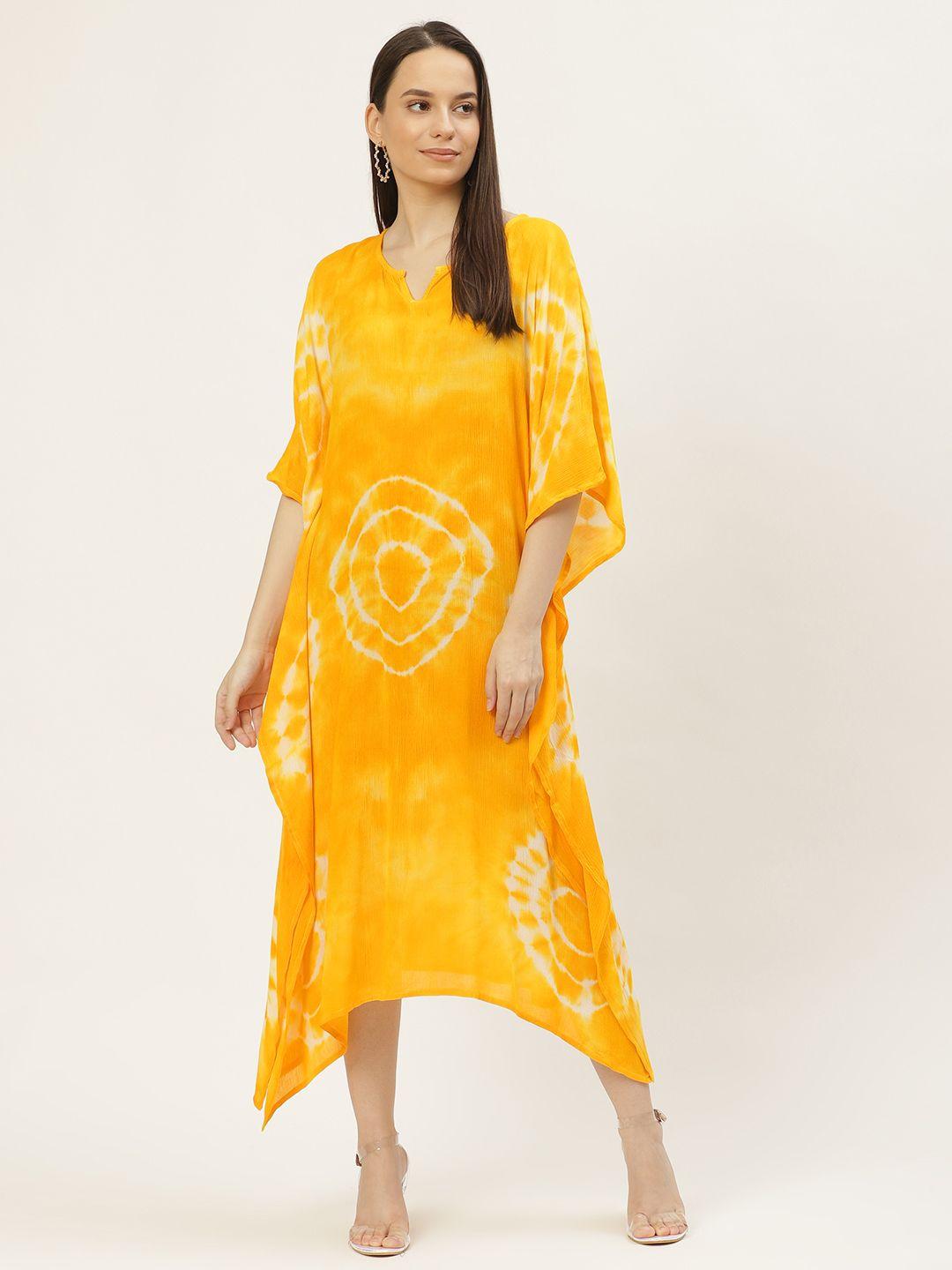 maaesa yellow & off white tie and dye kaftan midi dress
