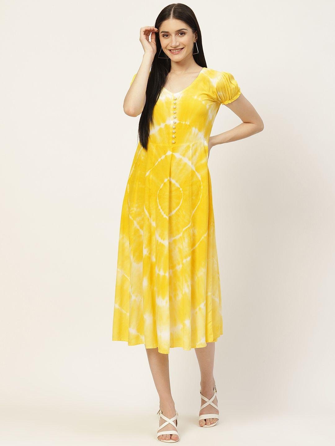 maaesa yellow & white tie and dye a-line midi dress