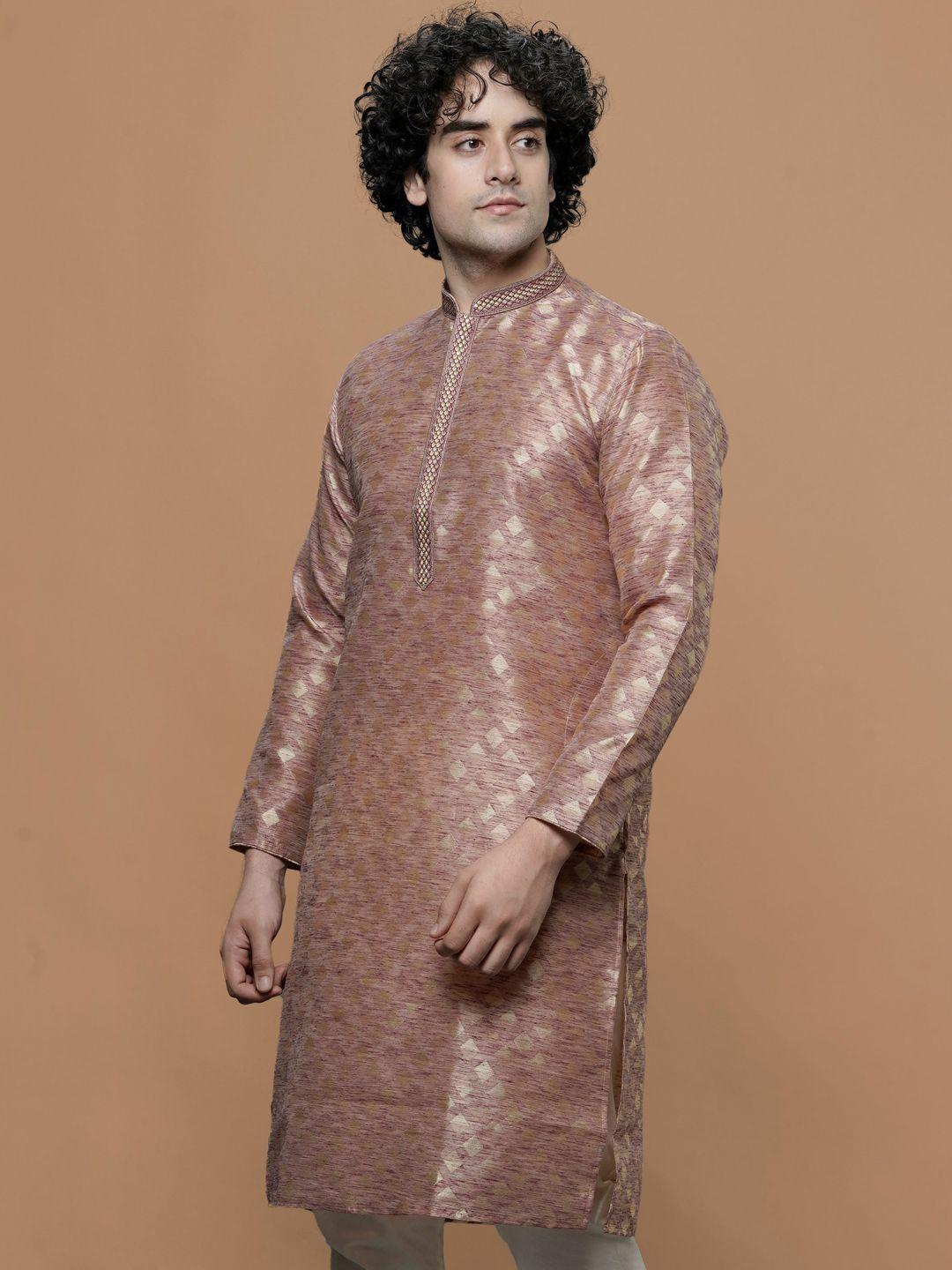 maahi fabs woven designed mandarin collar zari cotton regular straight kurta