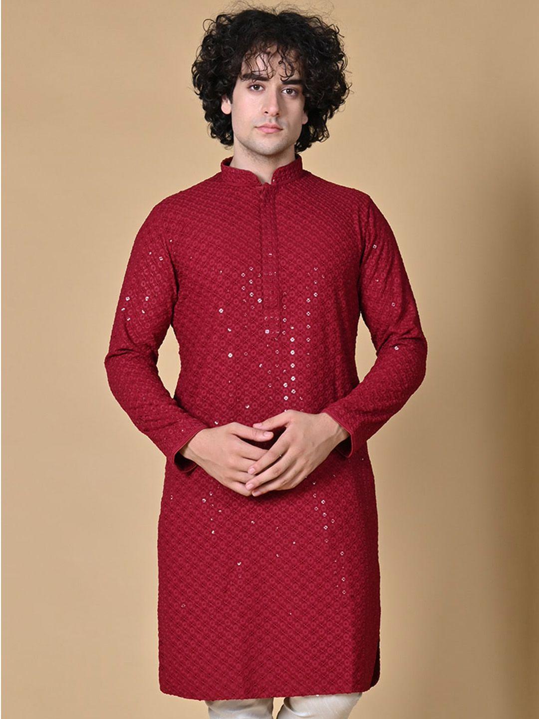 maahi fabs men maroon geometric flared sleeves thread work kurta