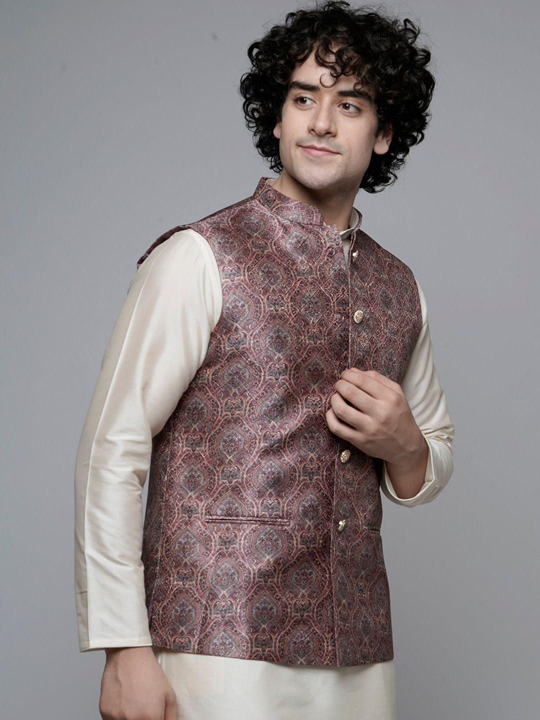 maahi fabs printed mandarin collar satin nehru jacket