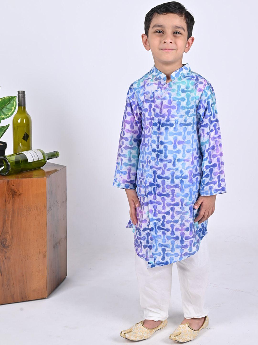maaikid  boys abstract printed  mandarin collar angrakha chanderi silk kurta with pyjamas