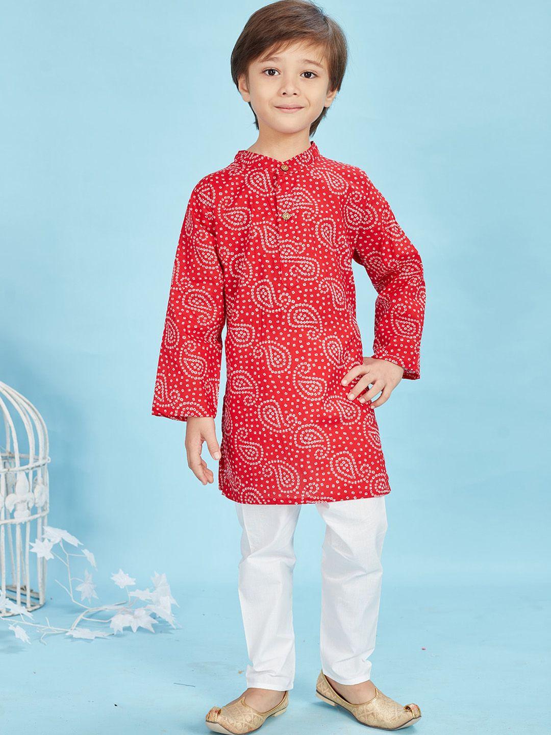 maaikid boys bandhani printed band collar pure cotton kurta with pyjamas