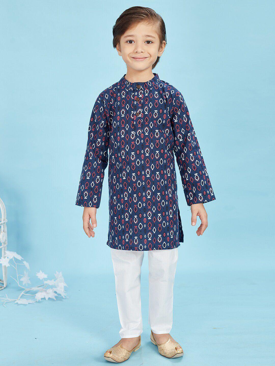maaikid boys blue printed regular pure cotton kurta with pyjamas