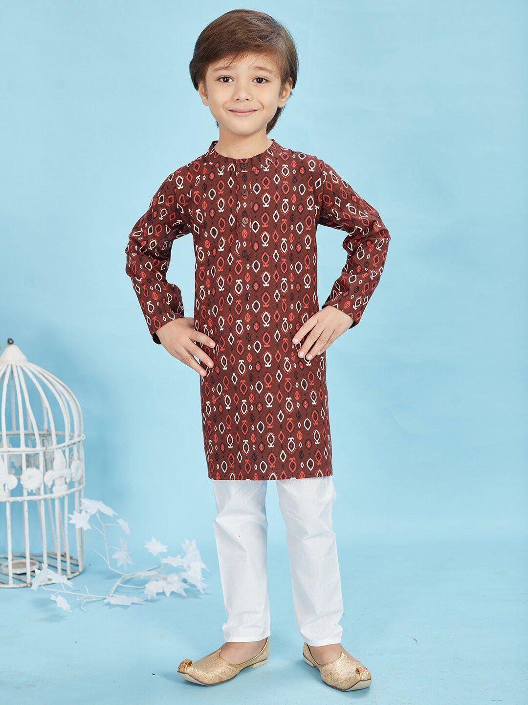 maaikid boys brown printed regular pure cotton kurta with pyjamas