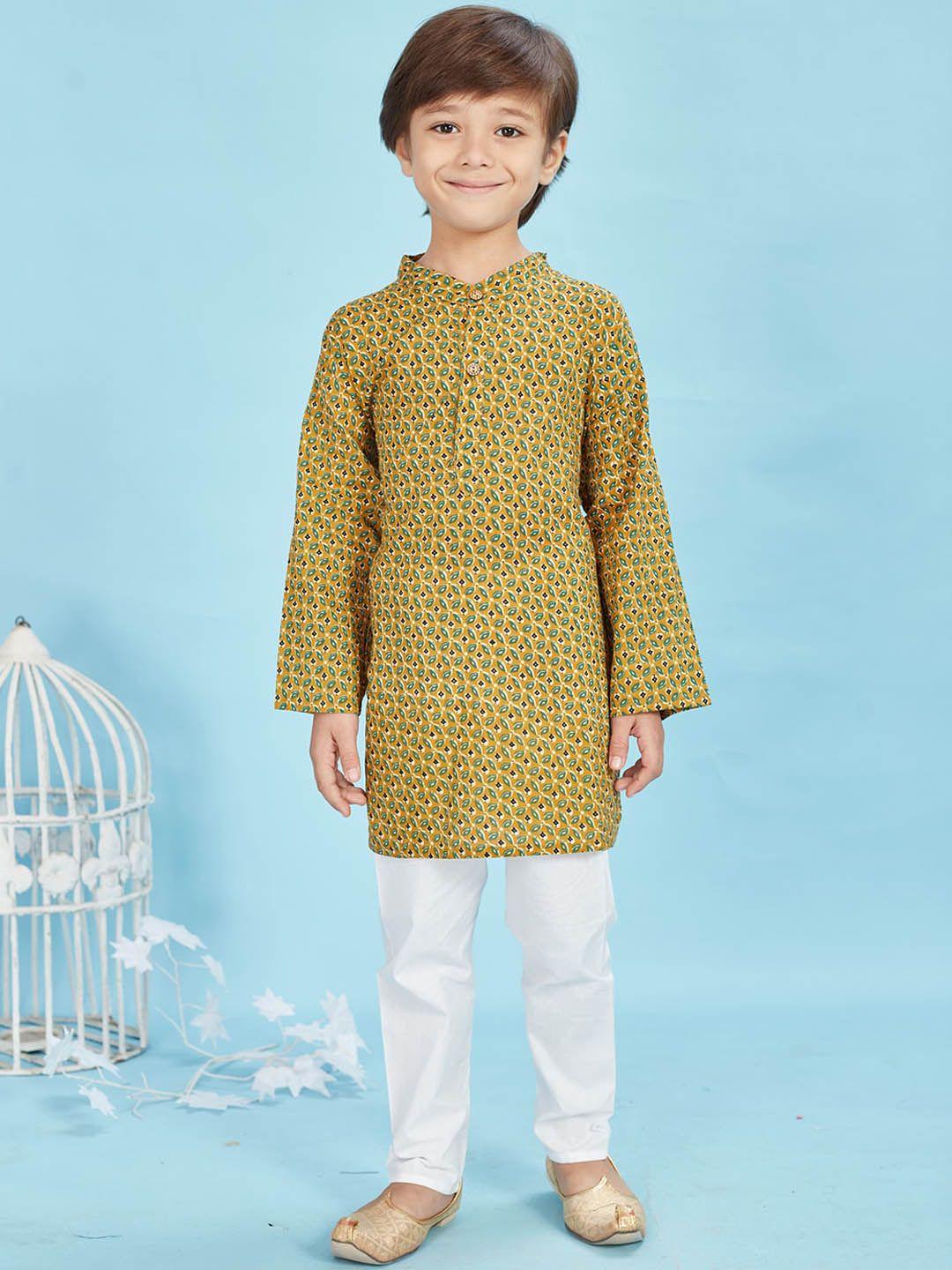 maaikid boys ethnic motifs printed band collar pure cotton kurta with pyjamas