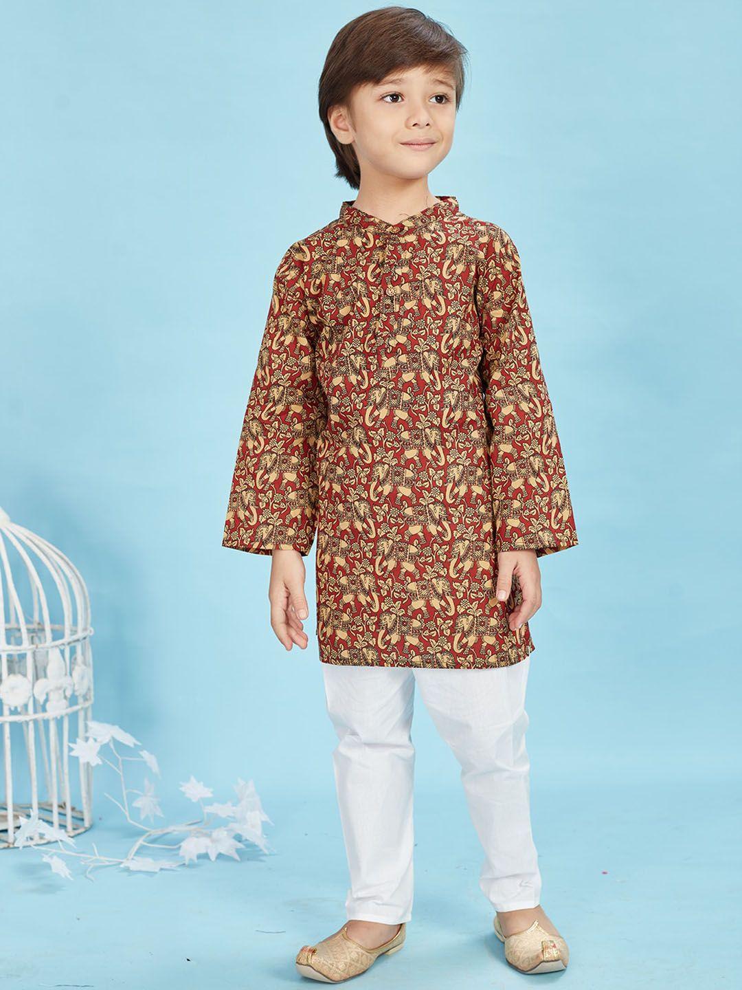 maaikid boys ethnic motifs printed mandarin collar pure cotton kurta with pyjamas