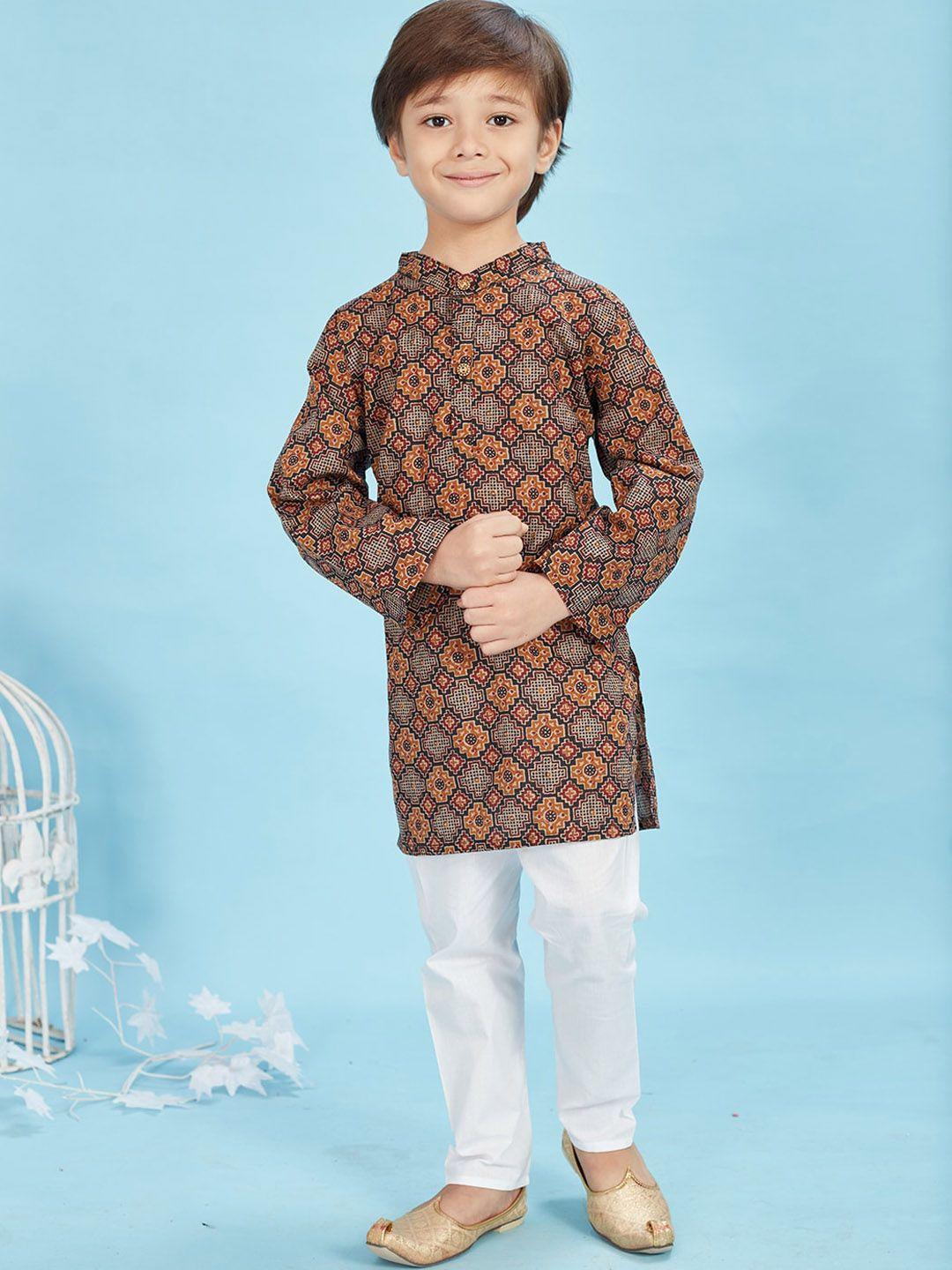 maaikid boys geometric printed mandarin collar pure cotton kurta with pyjamas