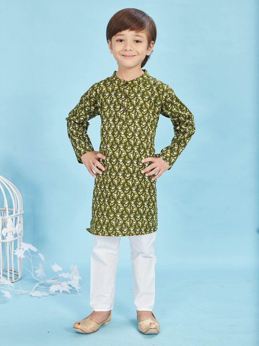 maaikid boys green floral printed regular pure cotton kurta with pyjamas