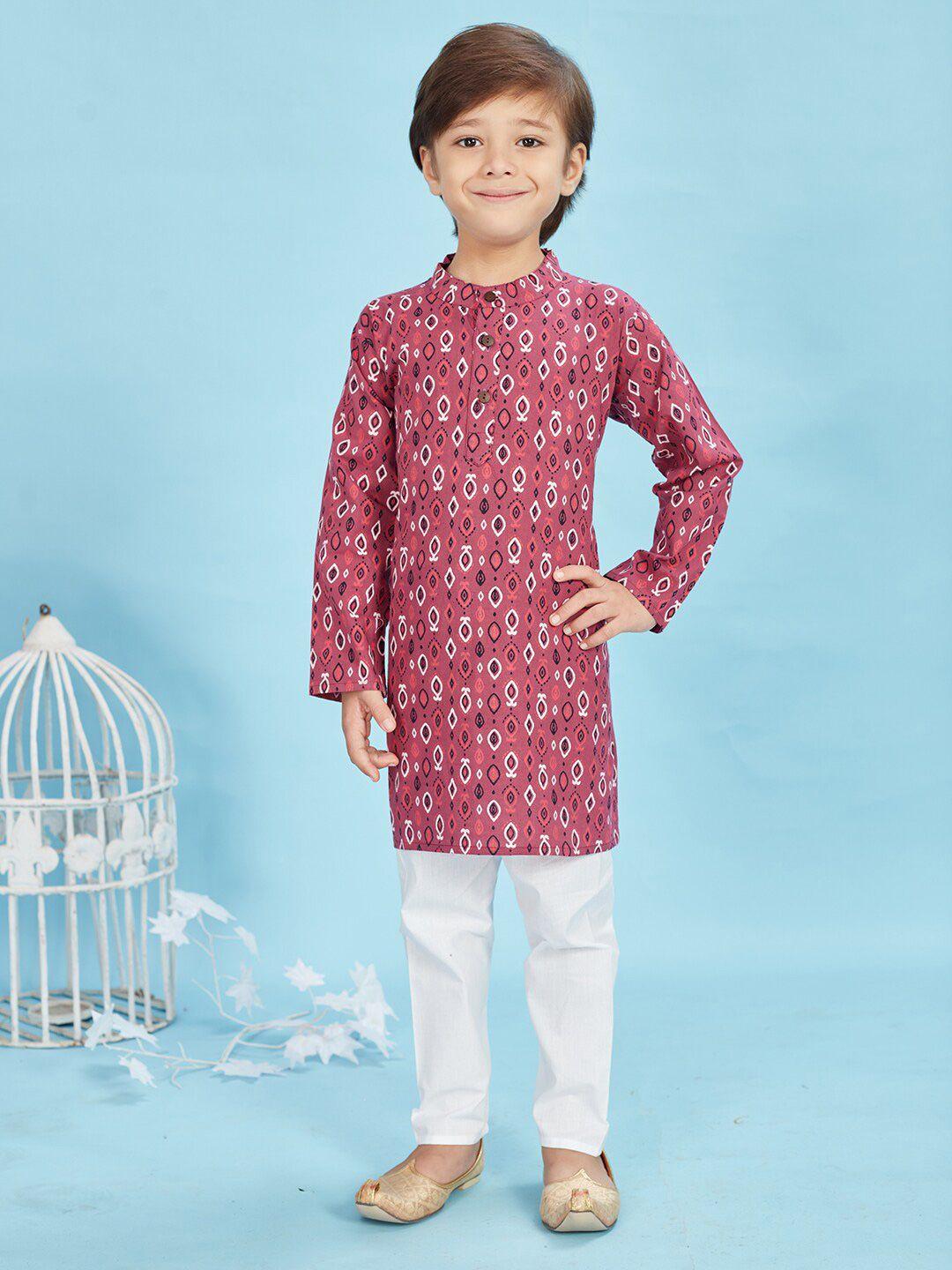 maaikid boys magenta printed regular pure cotton kurta with pyjamas