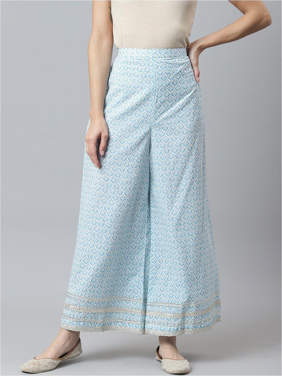maaisarah women blue & white ethnic motifs printed gotta patti pure cotton ethnic palazzos