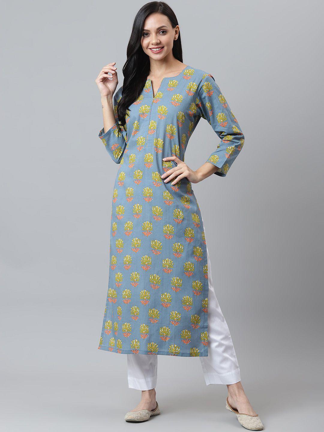 maaisarah women blue & yellow ethnic motifs printed block print pure cotton kurta