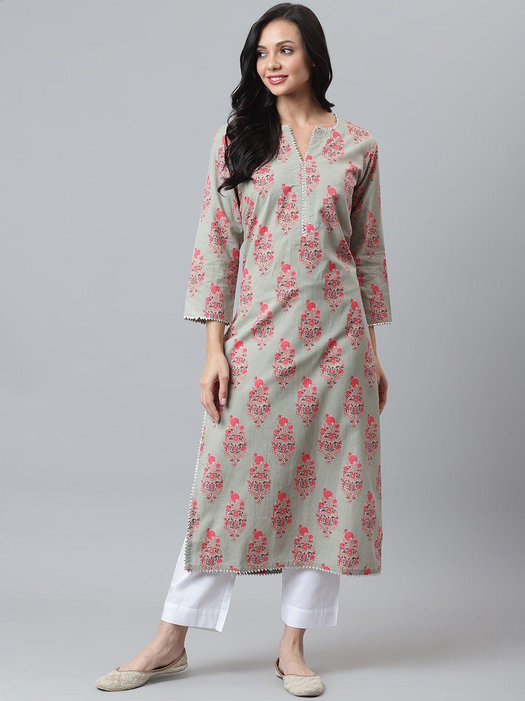 maaisarah women green floral printed block print handloom kurta