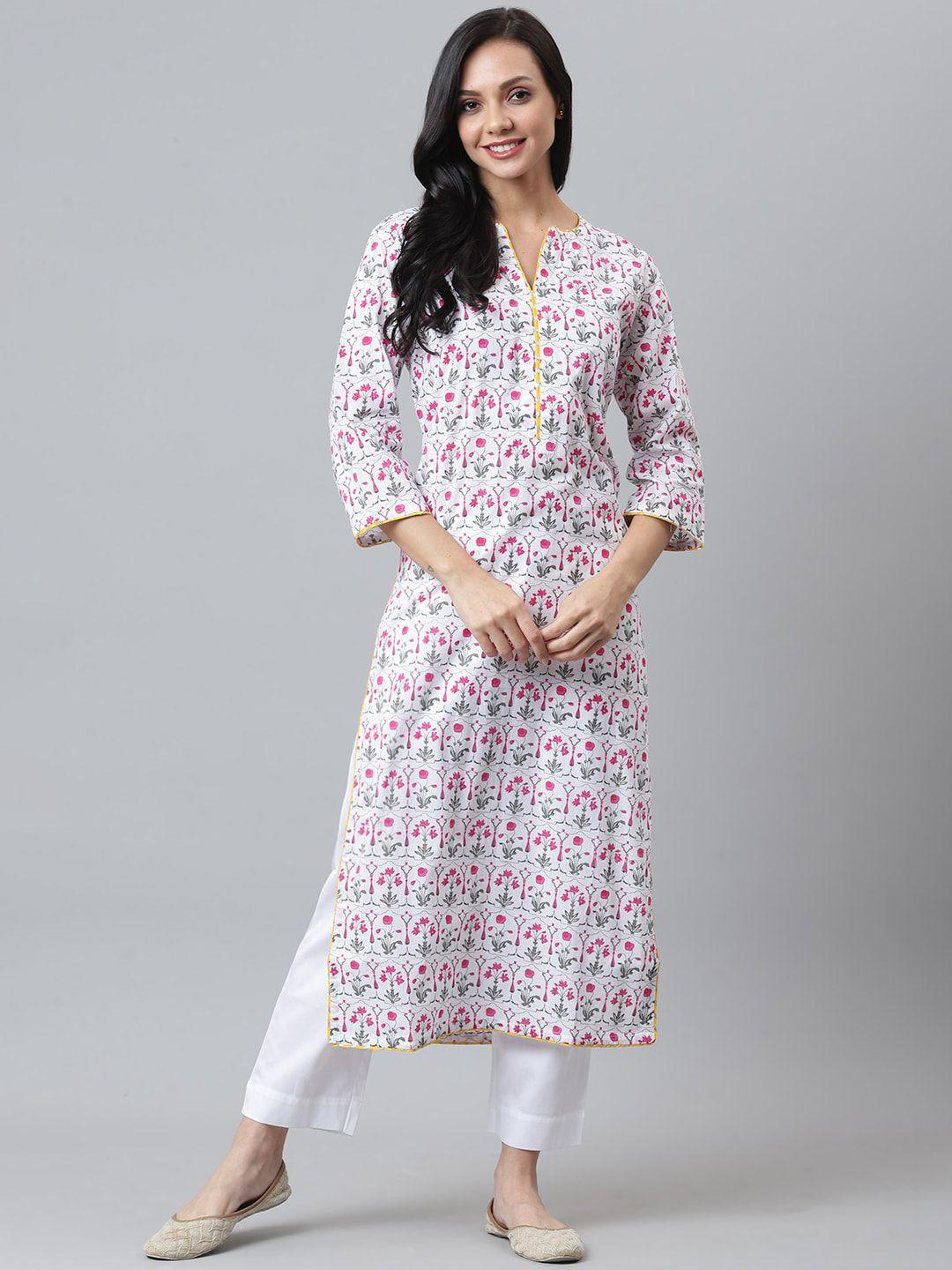 maaisarah women pink geometric embroidered keyhole neck flared sleeves thread work block print handloom kurta