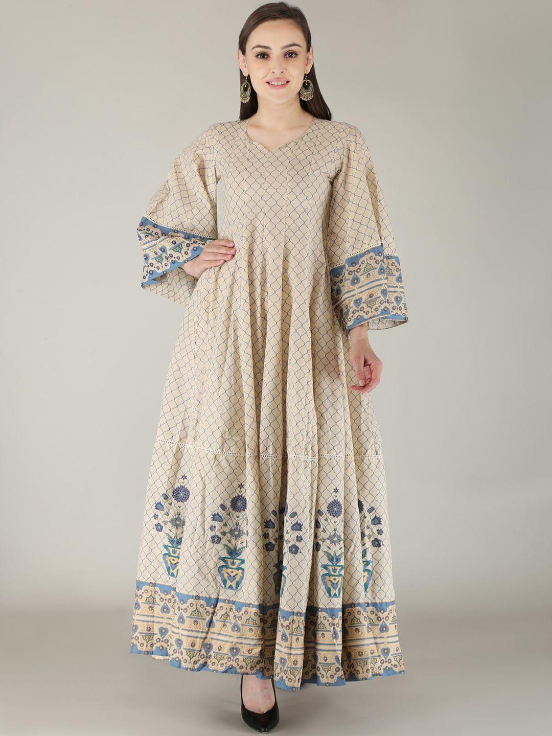 maand women cream-coloured & blue floral printed flared sleeves anarkali kurta