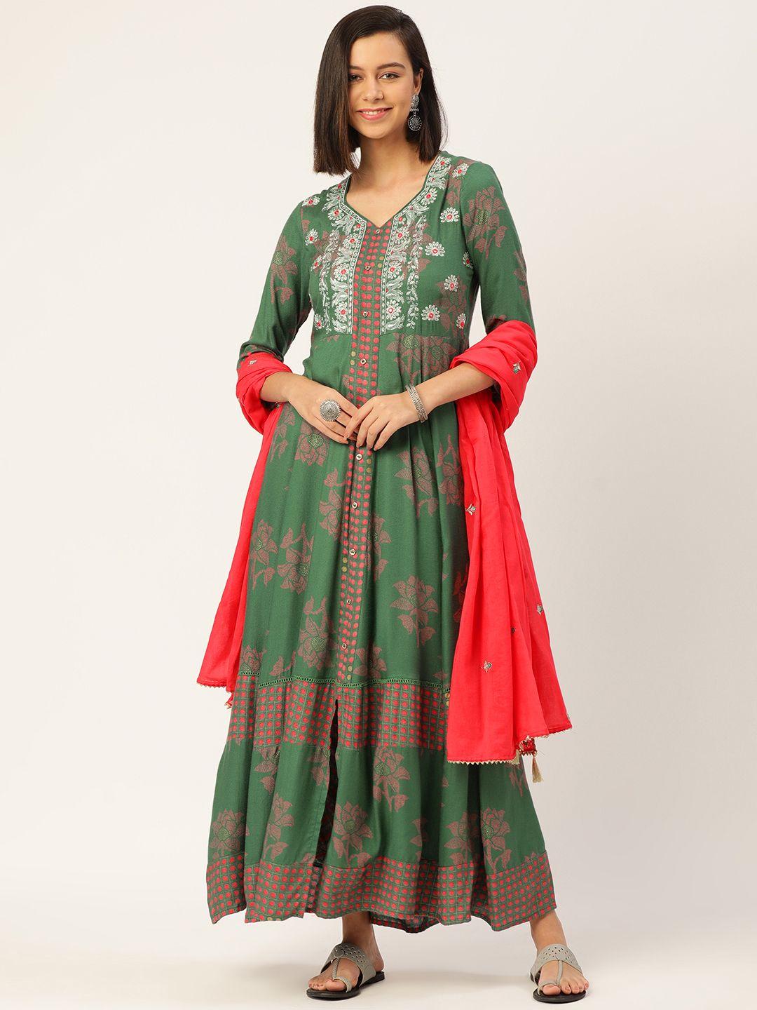 maand women green ethnic motifs printed empire thread work kurta with trousers & with dupatta