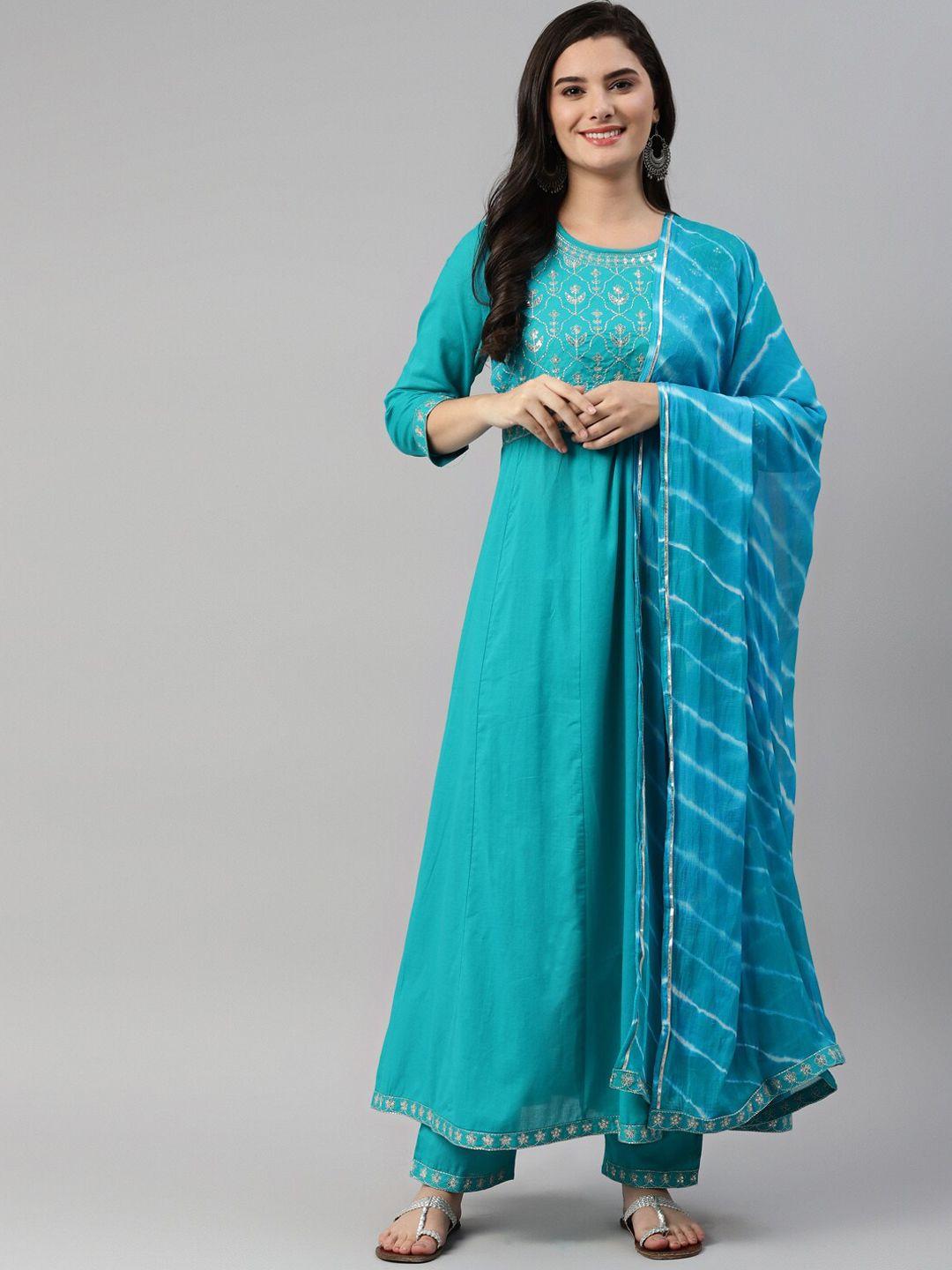 maand blue ethnic motifs embroidered thread work kurta with trousers & with dupatta