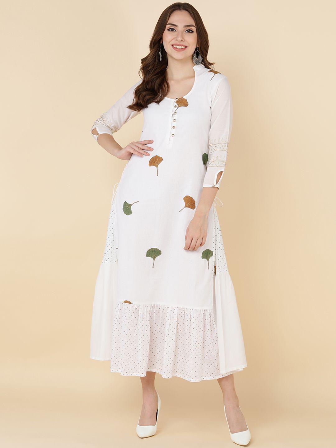 maand white & mustard yellow floral embroidered a-line midi dress