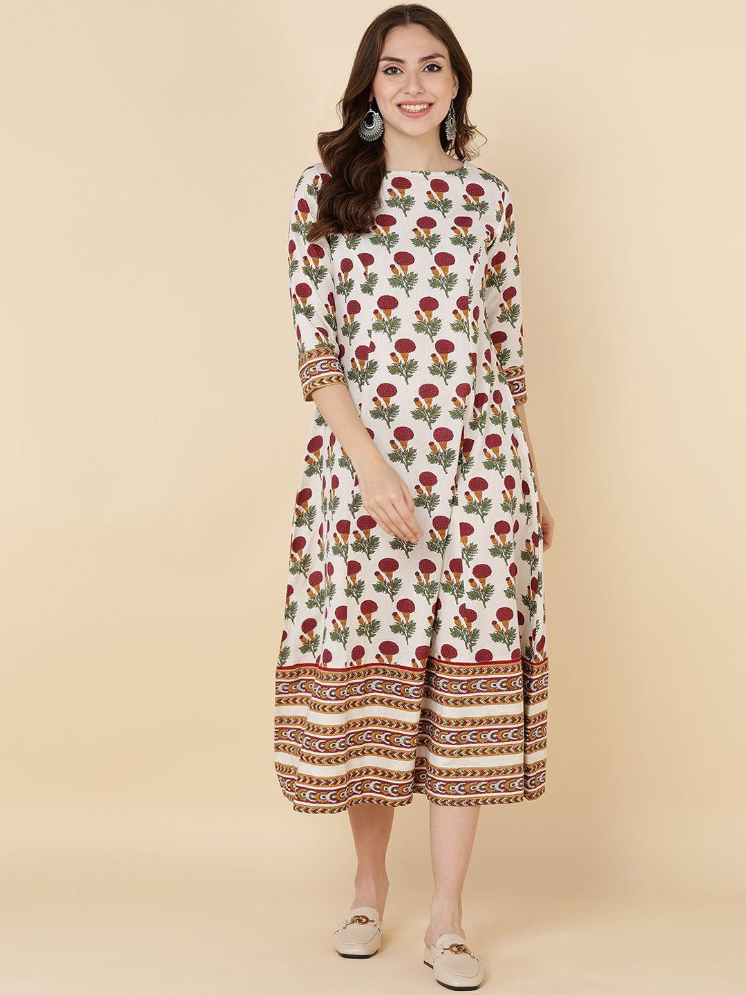 maand white & red floral printed a-line midi dress