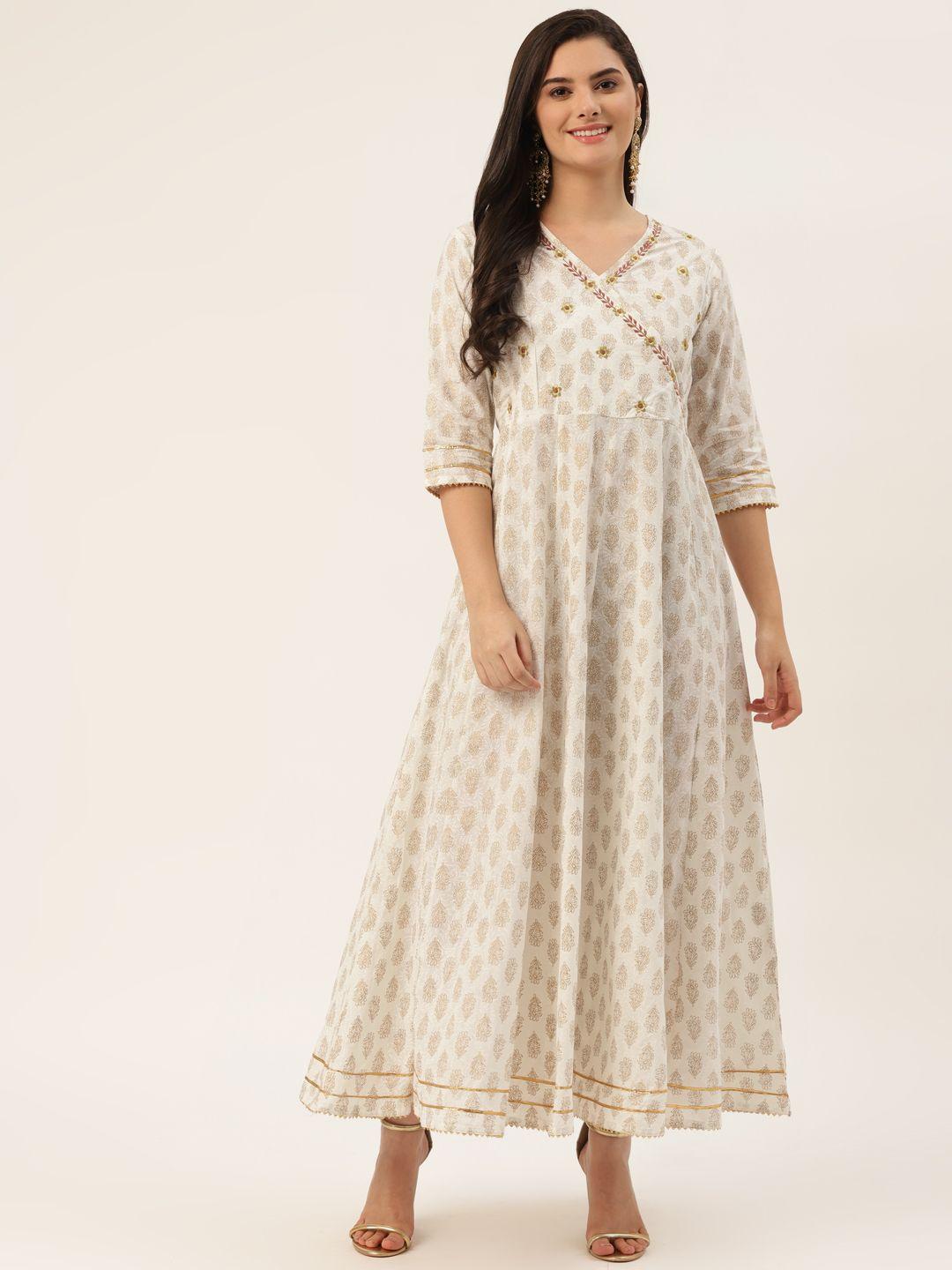 maand women beige & brown ethnic motif printed maxi ethnic dress