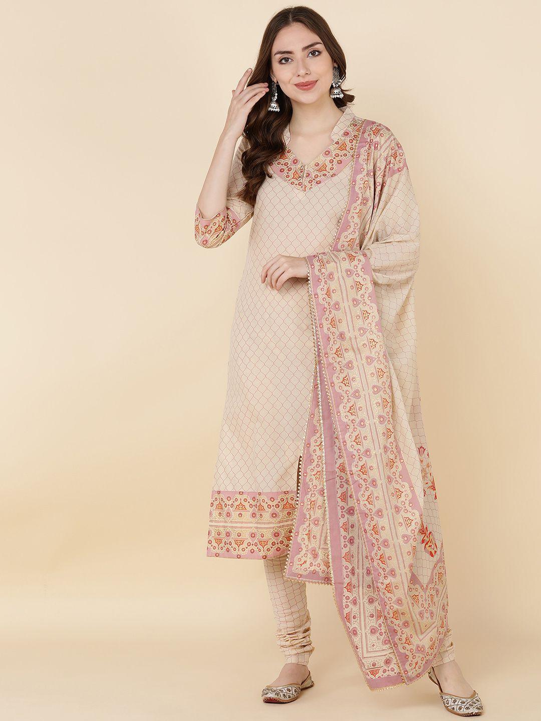 maand women beige & pink floral printed pure cotton kurta with churidar & with dupatta