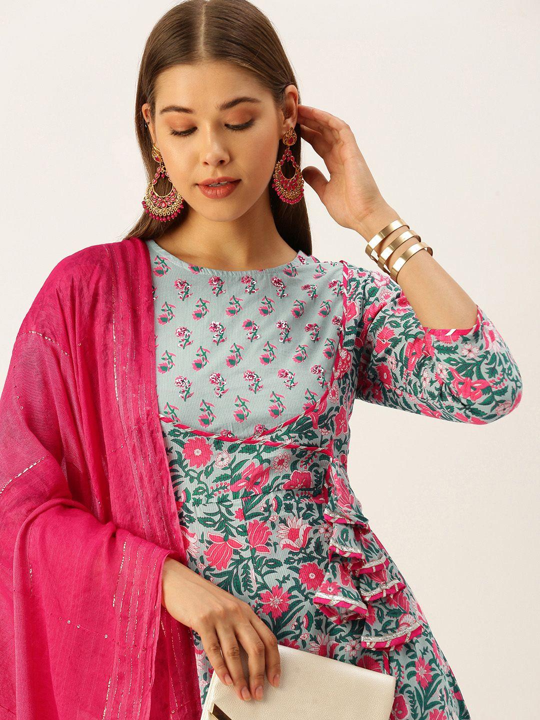 maand women blue & pink floral printed angrakha cotton kurta with trousers & with dupatta