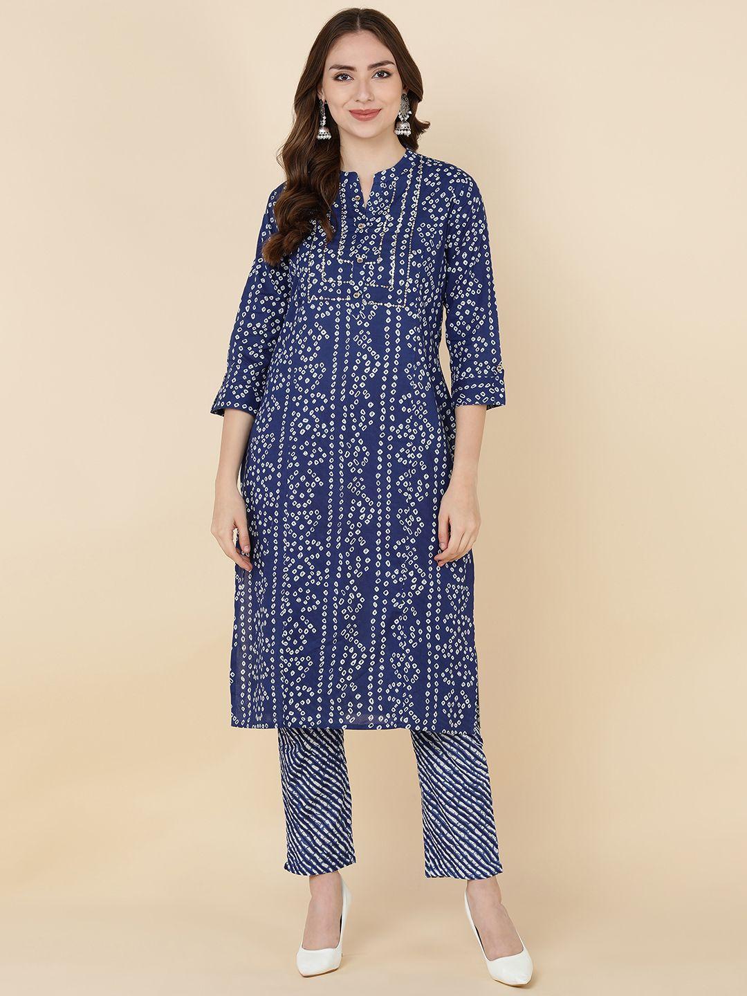 maand women blue leheriya printed pure cotton kurta with trousers