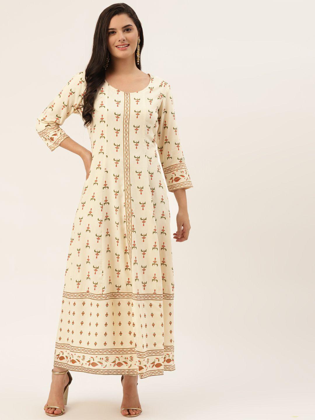 maand women cream-coloured & green ethnic motif printed maxi ethnic dress