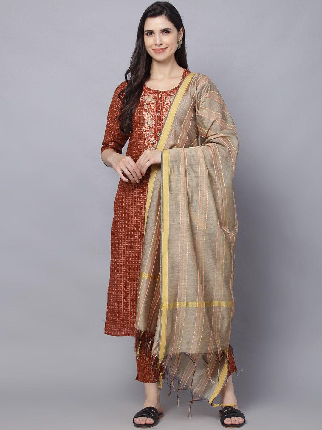 maand women ethnic embroidered pure cotton kurta with trousers & dupatta