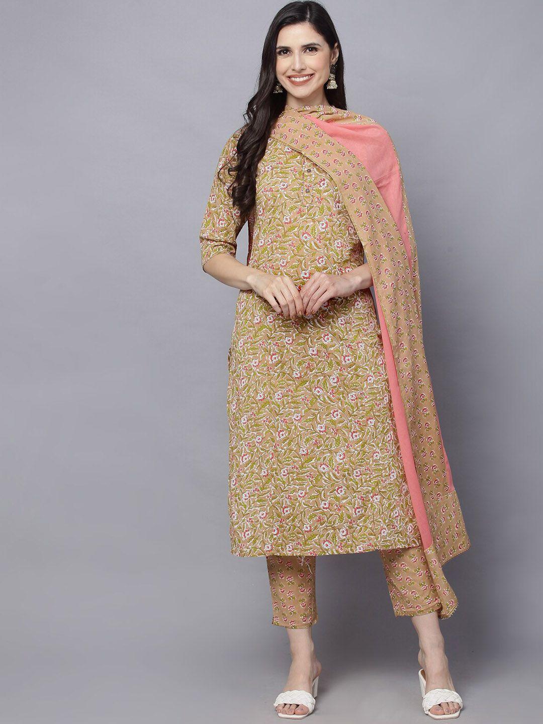 maand women floral printed pure cotton kurta with trousers & dupatta