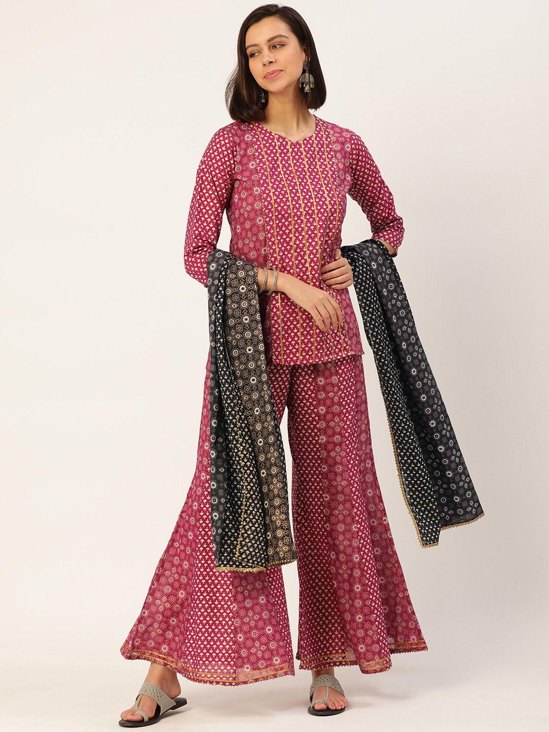 maand women fuchsia floral printed panelled gotta patti pure cotton kurti with palazzos & with dupatta