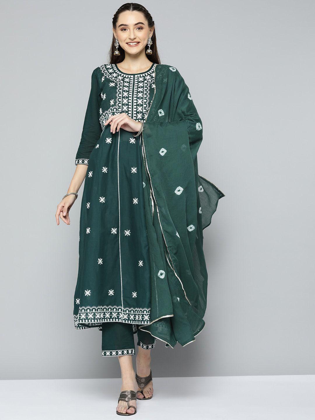 maand women green ethnic motifs embroidered panelled kurta with trousers & with dupatta