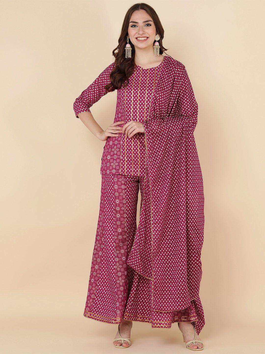 maand women magenta ethnic motifs printed pure cotton kurti with palazzos & with dupatta