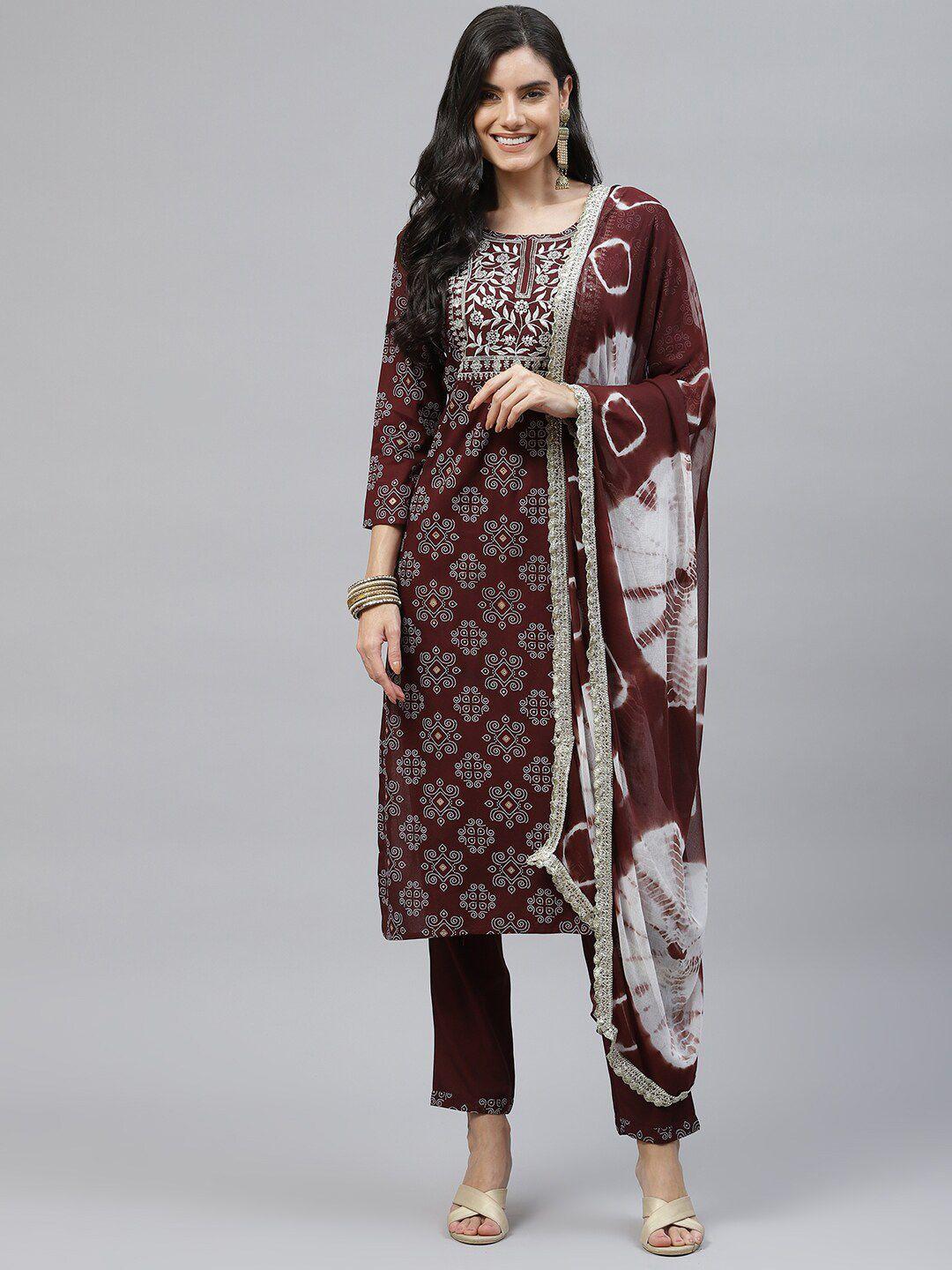 maand women maroon embroidered kurta with trousers & with dupatta