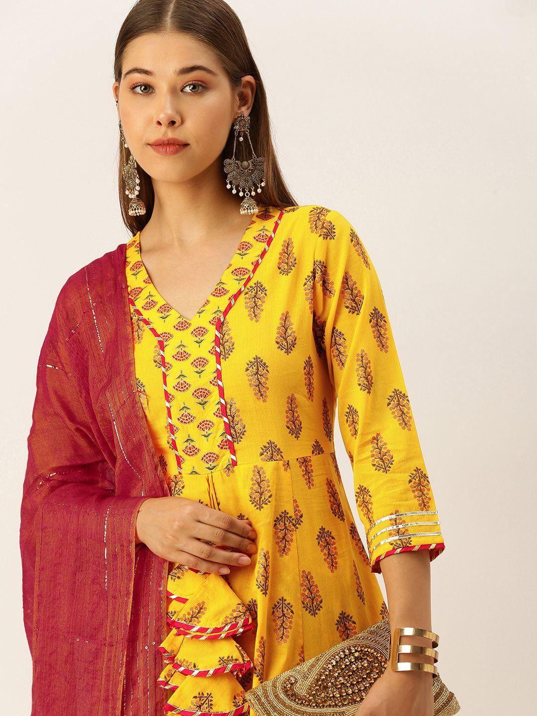 maand women mustard yellow & red floral print dobby cotton anarkali kurta sharara dupatta