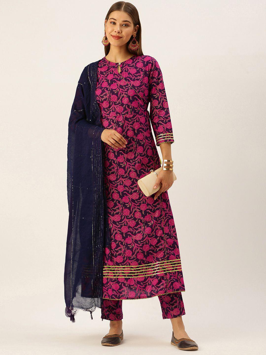 maand women pink & navy blue floral print angrakha cotton kurta trousers dupatta