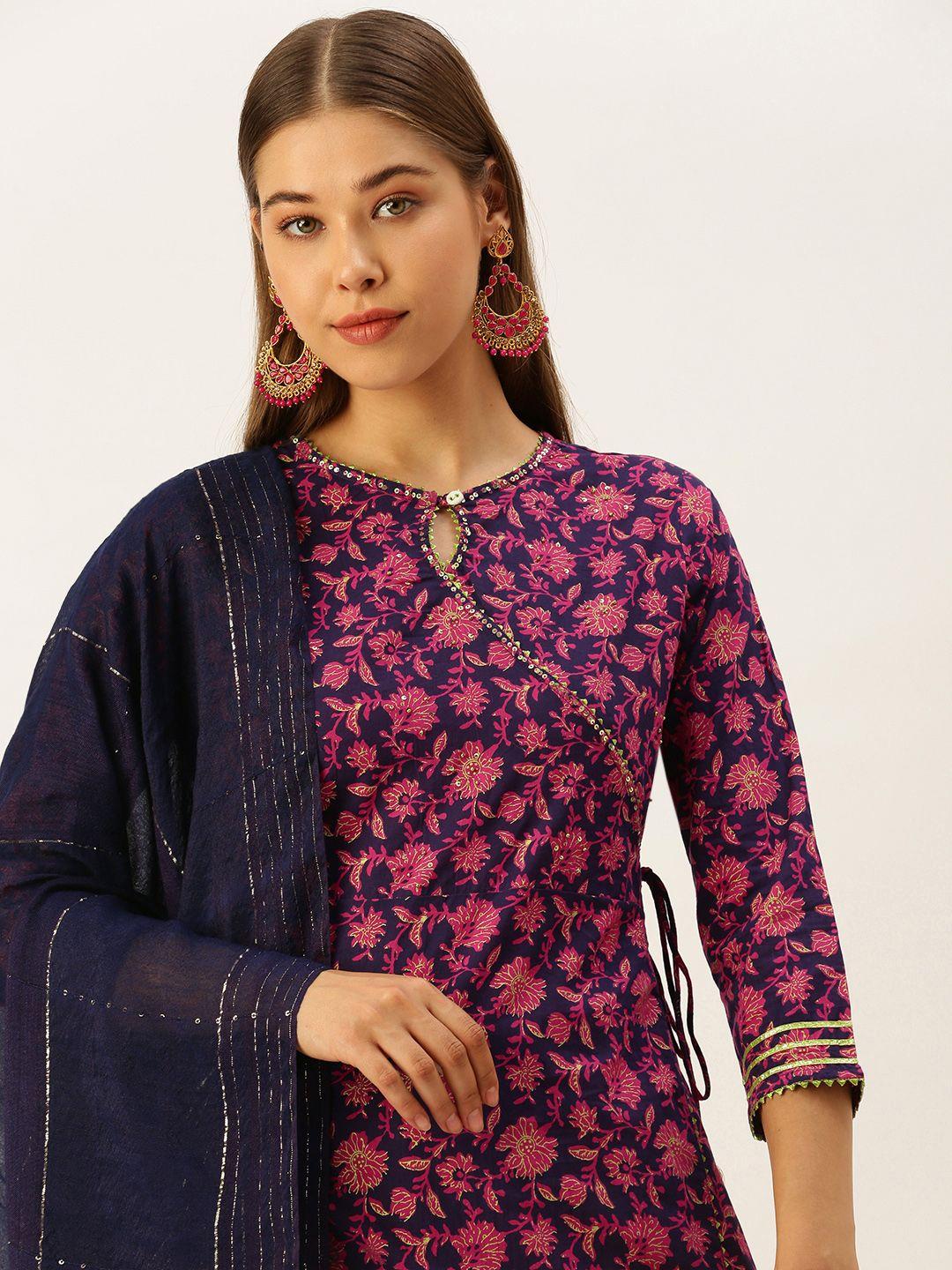 maand women pink & navy blue floral print angrakha cotton kurta trousers dupatta